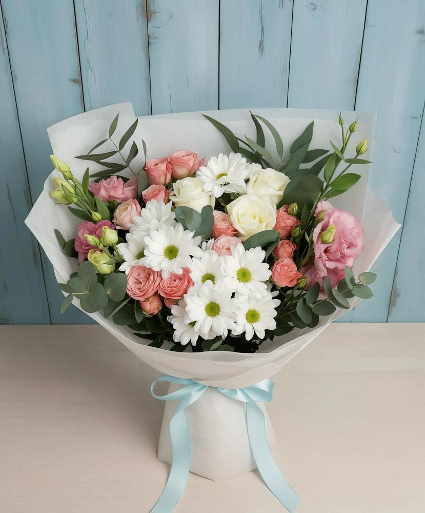 Букет цветов из: Розы, Лизиантусы и Хризантемы в Селявном