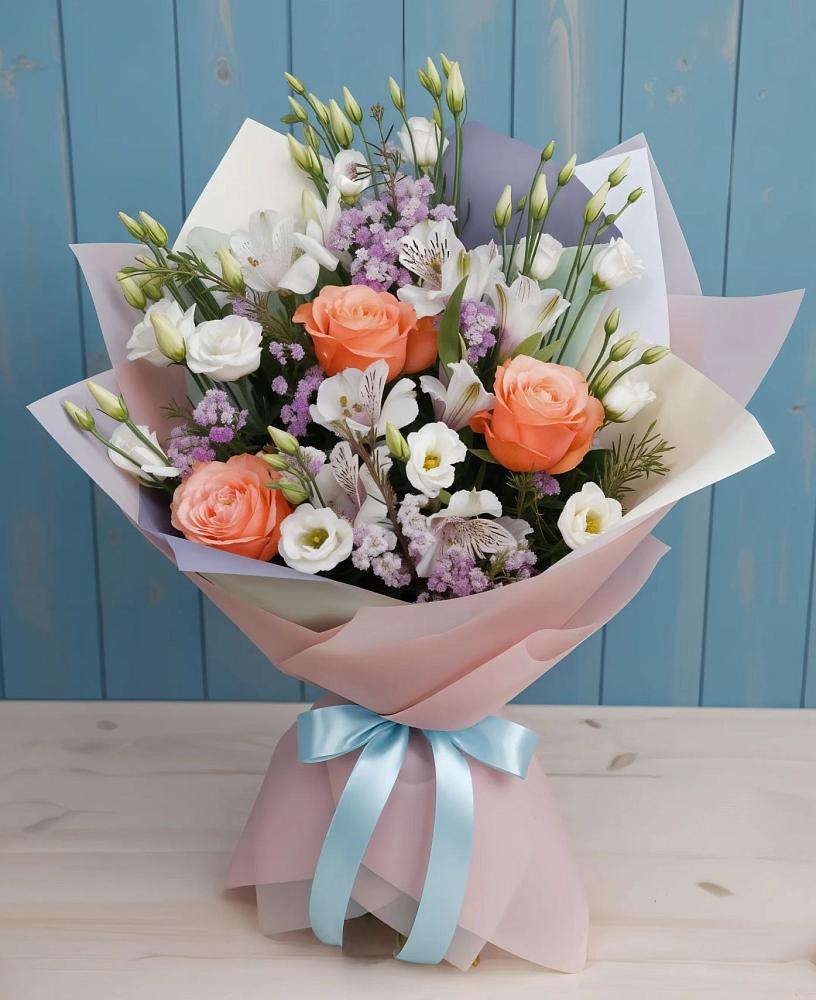 Букет цветов из: Лизиантусы, Розы, Альстромерии и Гипсофила в Селявном