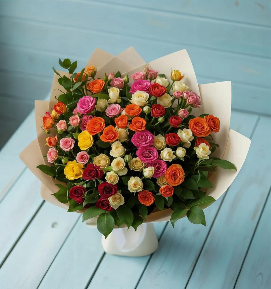 Букет Микс из разноцветных кустовых роз в Селявном