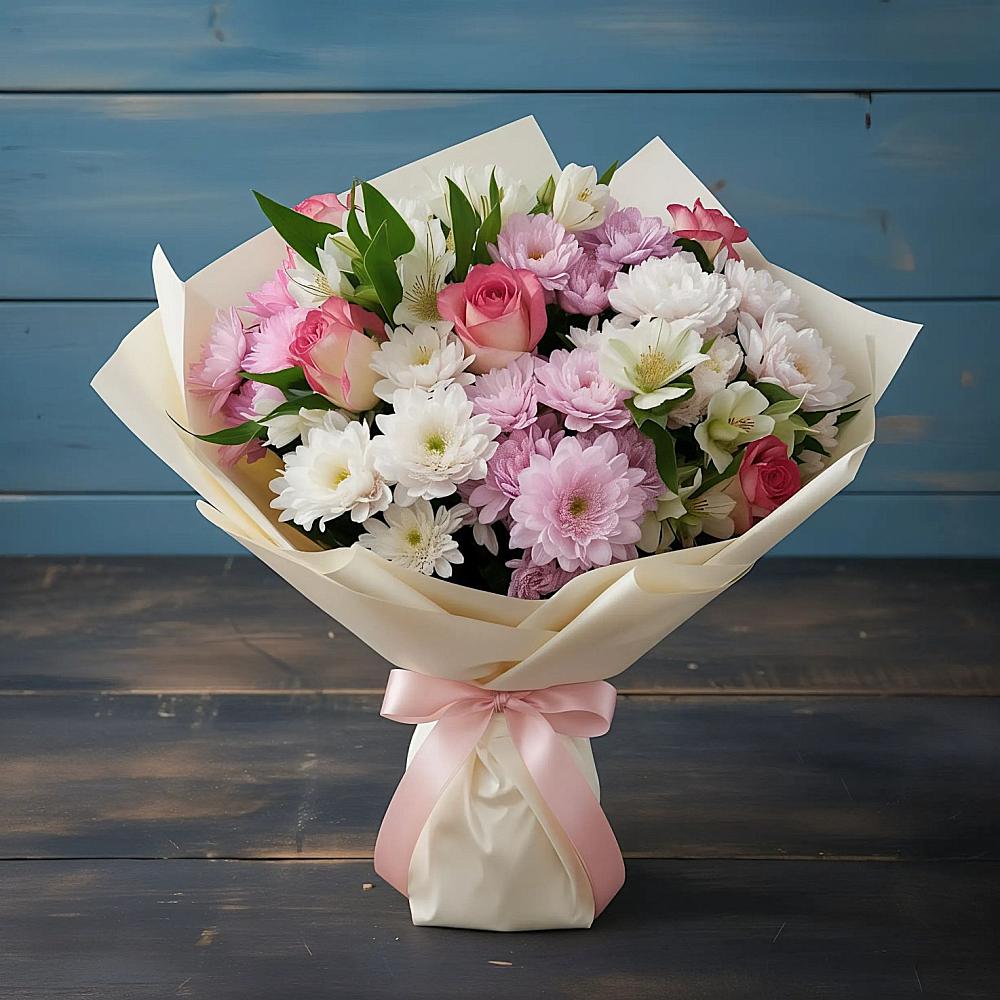 Букет цветов из: Хризантемы, Альстромерии и Розы в Селявном